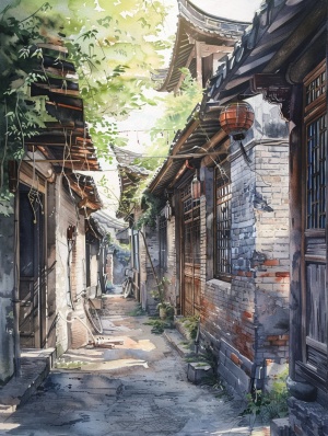 Huang Youwei's watercolor scenery, Beijing's old alley,soft colors, + virtual light