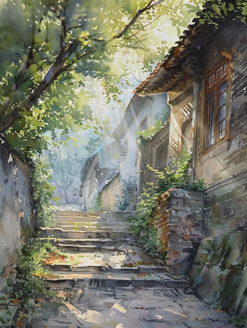 Huang Youwei's watercolor scenery, Beijing's old alley,soft colors, + virtual light