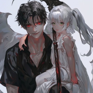 A handsome guy with short black hair, blood red eyes, and a mischievous appearance. He holds a death sickle in his hand and sits on his shoulder with a little girl wearing a white dress. The girl is very cute and obedient, with long white hair reaching his legsThe little girl is only one year oldShe has green eyes