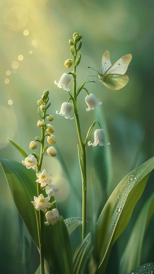 A tall pink white-blue Slippers, butterflies, orchids, of the valley flower with two buds on the branch, three tender green leaves, crystal dewdrops, ultra-high-definition vision, realism, light green background blur