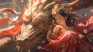 Dreamlike Chinese Princess with Megalophobia Dragon