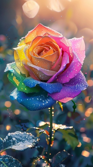 一朵漂亮的七彩玫瑰绽放在花园中，花瓣鲜艳多彩，各种颜色交织在一起，形成了美丽的花朵。夕阳西下，柔和的光线洒在花瓣上，给它增添了一抹温暖的色彩。花瓣上还挂着晶莹的露珠，闪烁着微光，如同珍贵的宝石。摄影风格，HDR材质和C4D引擎，营造出细腻的细节和逼真的光影效果。中距离拍摄，色彩处理，高清晰度