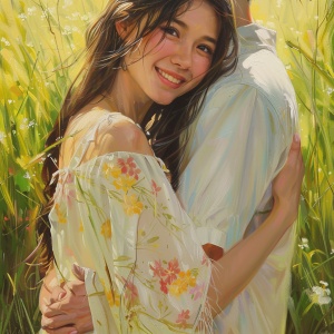 夏天，一个漂亮的中国长发女孩穿着黄色花朵图案白色连衣裙搂着一个男人的脖子，笑脸如花，背景是在草丛里。