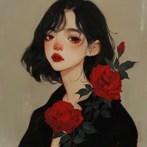 手持红玫瑰的动漫女孩，在cliff chiang，joong keun lee的风格中，浪漫的插图，与众不同的鼻子，快照美学，michael malm，深米色和红色