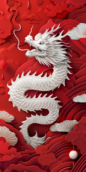 红色背景浮雕剪纸风格中国龙手机壁纸
