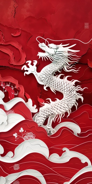红色背景浮雕剪纸风格中国龙手机壁纸
