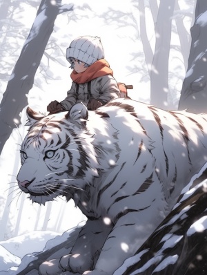 森林，大雪，一个可爱的小男孩穿着斗篷骑着一只强大的白虎上山，高清细节