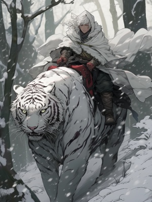 英俊男人骑白虎穿斗篷重返雪山