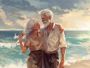 银发老夫妻沙滩漫步，享受幸福阳光