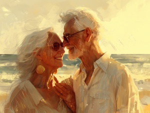 欧美银发老夫妻的浪漫沙滩之约