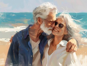 欧美银发老夫妻的浪漫沙滩之约