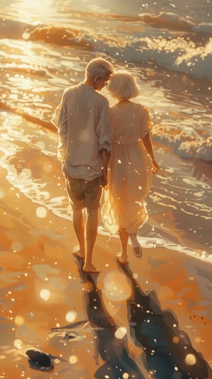 欧美银发老夫妻赤脚漫步在沙滩上的幸福时刻