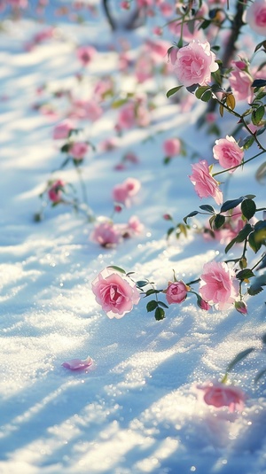 雪地上漂浮的粉色玫瑰花与清澈明亮的白色雪地