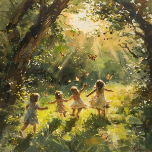 阳光，绿树，草地，一群小朋友，追逐蝴蝶 听着鸟鸣