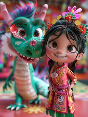 Pixar animation style, Chinese New Year , Colorful backgroung, made of marshmallow material, a big green and pink Chinese dragon with a big smile, its tail is like cloud with Chinese style flowers, it has a colorful flowers on its head, flying around a super cute girl, wearing stunning traditional Chinese clothing, she has big eyes, big smile, long hair cutout design, colorful background, ultra high detail, HD quality, 32k, ar 3:4 v 6.0
