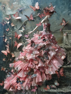 一个穿着粉红色连衣裙和蝴蝶的洋娃娃，以郭培的风格，浪漫的风景，荒木裕彦，多层，竞赛获胜者，camille-pierre pambu bodo，华丽的
