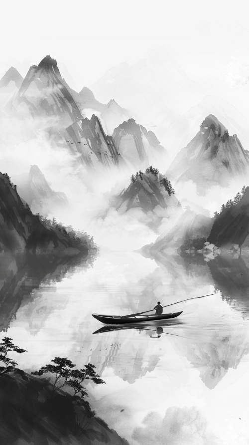 水墨画湖景，轻舟以过万重山，晨雾轻飘，运山近水。