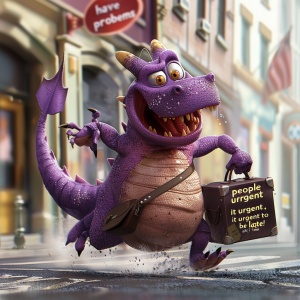 一只可爱胖胖的卡通紫色小龙，紫色的鳞片闪亮清晰，背着公文包，大汗淋漓表情搞怪的跑在马路中，小龙嘴里大喊：“人有三急，迟到算一急！啊！！”图片高清