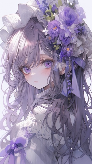紫色头发少女：大眼睛微笑，头饰蝴蝶结花朵