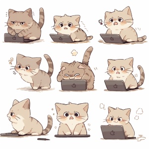 九个姿势和表情的猫咪插图：快乐、愤怒、悲伤、哭泣、可爱、期待、失望、惊讶、无言