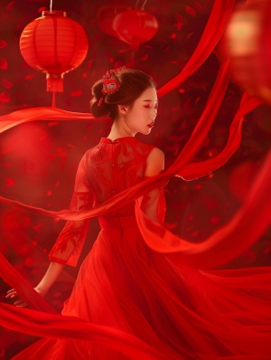 红灯笼跳舞，红丝带飘逸，整个画面红色基调，照片风格，超高清画质。