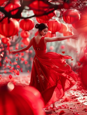 红灯笼跳舞，红丝带飘逸，整个画面红色基调，照片风格，超高清画质。