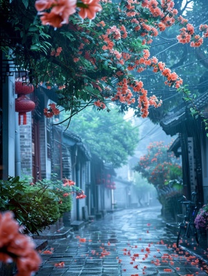 江南古镇的美丽雨中花海