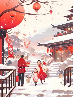 现代插画场景，中国孩子和父母在乡村道路上放烟花，漫天大雪下雪，带围巾的雪人，柿子树，房子上挂的红灯笼和中国对联，动态pose，高画质，超细节，矢量插画，红色背景