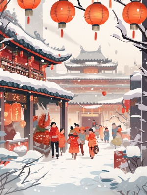 现代插画场景，中国孩子和父母在乡村道路上放烟花，漫天大雪下雪，带围巾的雪人，柿子树，房子上挂的红灯笼和中国对联，动态pose，高画质，超细节，矢量插画，红色背景