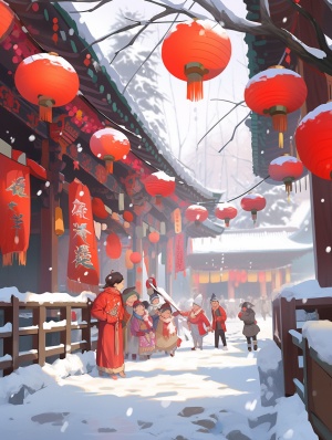 中国农村烟花雪景插画