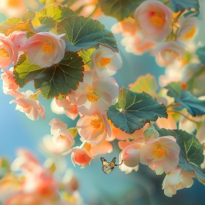 海棠花绽放在蓝天下，美丽如仙境
