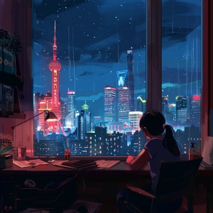 孤独的现代女孩眺望繁华城市夜景