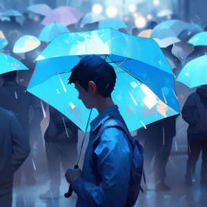 亚洲年轻人蓝色雨伞前摄影