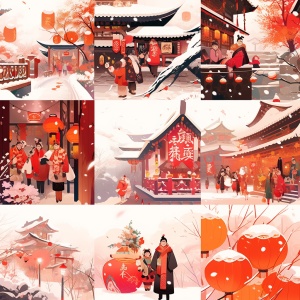现代插画场景，中国孩子和父母在乡村道路上放烟花，下雪，带围巾的雪人，柿子树，房子上挂的红灯笼和中国对联，动态pose，高画质，超细节，矢量插画，红色背景