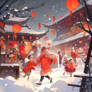 现代插画场景：中国冬日乡村烟花与雪人