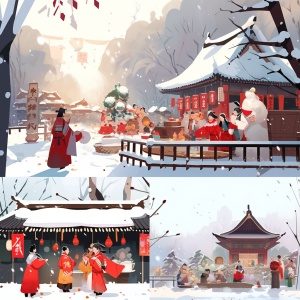 现代插画场景：中国冬日乡村烟花与雪人