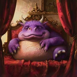 胖胖可爱的紫色小龙王在红色豪华房子里睡觉