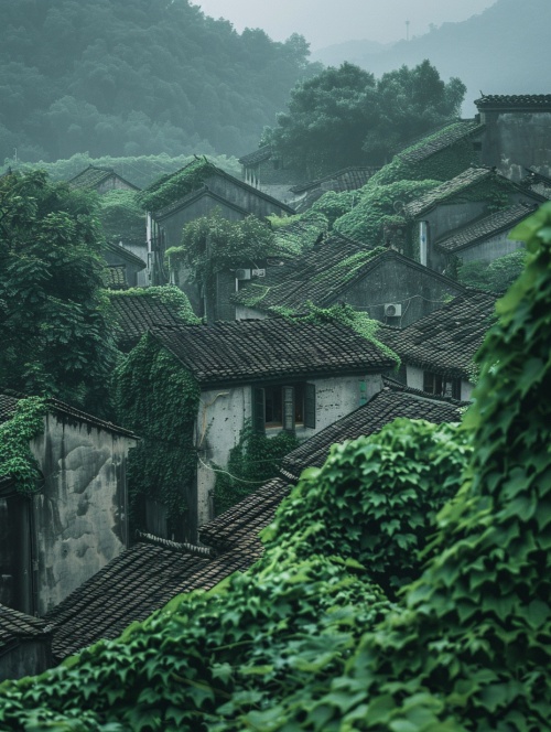 一栋中国村庄，覆盖着绿色的树叶和房屋，采用深白色和深灰色，32k uhd，sonian，网络摄像头摄影，朦胧的气氛，daguerreian，booru的风格，门前有路，东边有田地，田地有父辈在耕作。