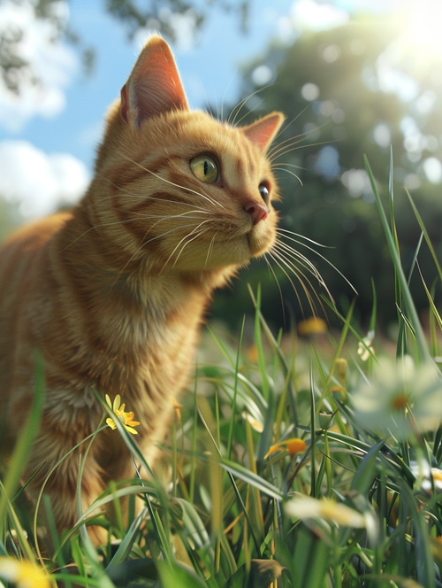 一只可爱的黄色猫猫在室外玩耍，8k，超真实，阳光光线充足，佳作