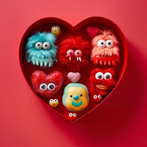 Neatly Arranged Fluffy Little Monsters Bonbons in a Heart Shaped Box