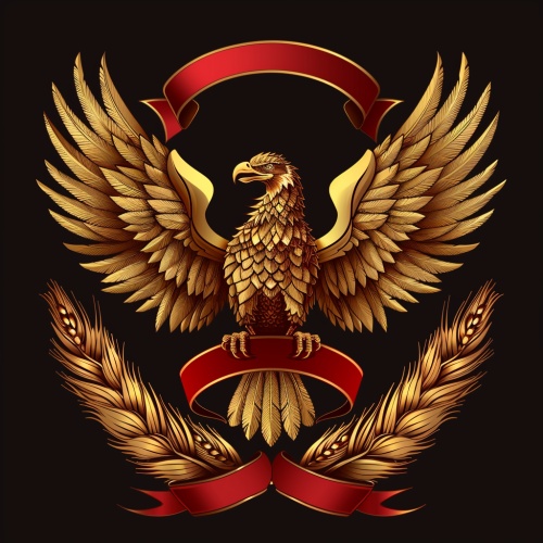 足球队队徽，金色金色雄鹰，红色红色丝带，金色麦穗