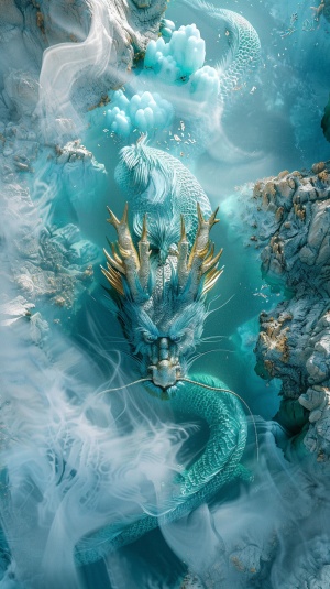超现实主义摄影：俯视图视角下，一条冰绿色的中国龙在波光粼粼的浅蓝色湖水中盘旋。闪闪发光的金色龙角和长长的睫毛，龙鳞呈现出蓬松的纹理，细节入微无可挑剔，真实自然，无法形容它有多么完美。浅水被白雾包围，巨大的蓝色冰雕莲花漂浮在水面上。画面中有金箔点缀，抛光效果使其曲线完美，阳光映照下泛着蓝色眩光，充满神圣感和自然美。整体风格简洁干净，注重细节，追求最佳图片质量，展现出浅井美纪和大卫·诺达尔的自然主义美学，快门速度快，捕捉到精彩瞬间。
