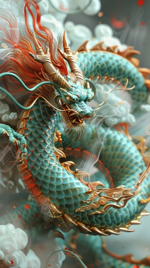 中国龙的绿松石和金色风格的3D艺术