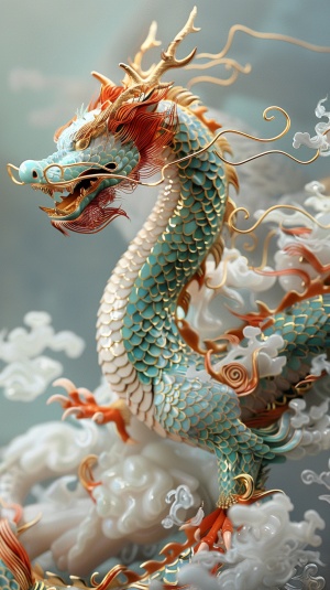 中国龙的绿松石和金色风格的3D艺术