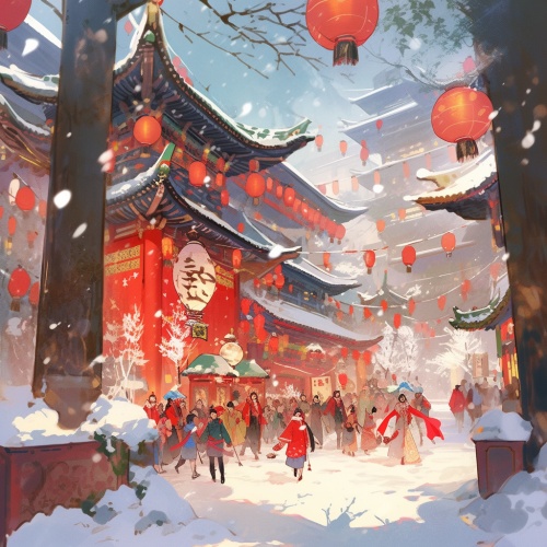 现代插画场景，中国孩子和父母在乡村道路上放烟花，下雪，带围巾的雪人，柿子树，房子上挂的红灯笼和中国对联，动态pose，高画质，超细节，矢量插画，红色背景绘画风格：动漫-写实