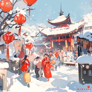 现代插画场景，中国孩子和父母在乡村道路上放烟花，下雪，带围巾的雪人，柿子树，房子上挂的红灯笼和中国对联，动态pose，高画质，超细节，矢量插画，红色背景绘画风格：动漫-写实
