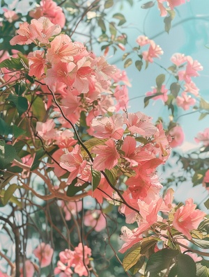 绿色区域树枝上的粉红色花朵与摄影艺术的完美融合