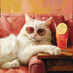 白猫咪戴墨镜躺睡椅旁伴柠檬可乐插画