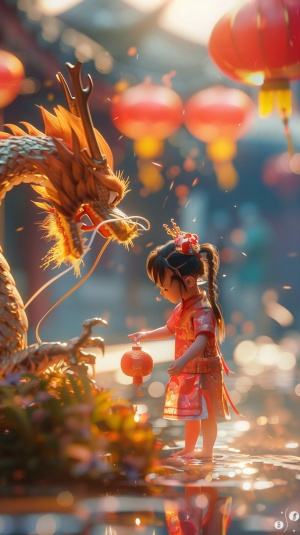 春节联欢晚会-中国龙和可爱的萌萌哒小女孩现实版