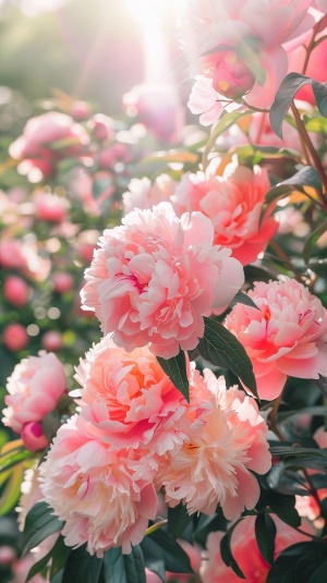 粉色的芍药花、阳光透过树叶的缝隙、绿色的叶子、花园里的小亭子